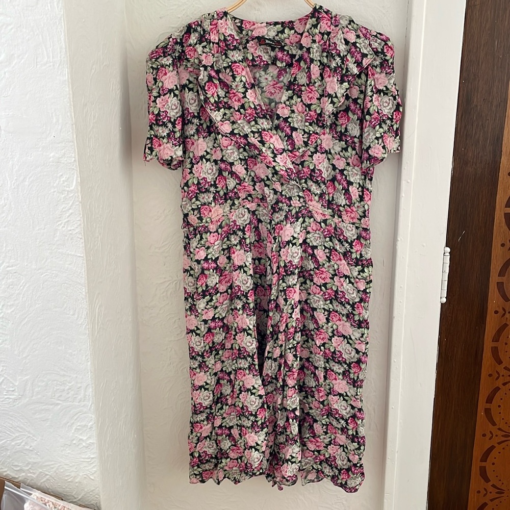 LIZ PETITES INC Women's Floral Short Sleeve Midi Dress Size 12 in Black Pink